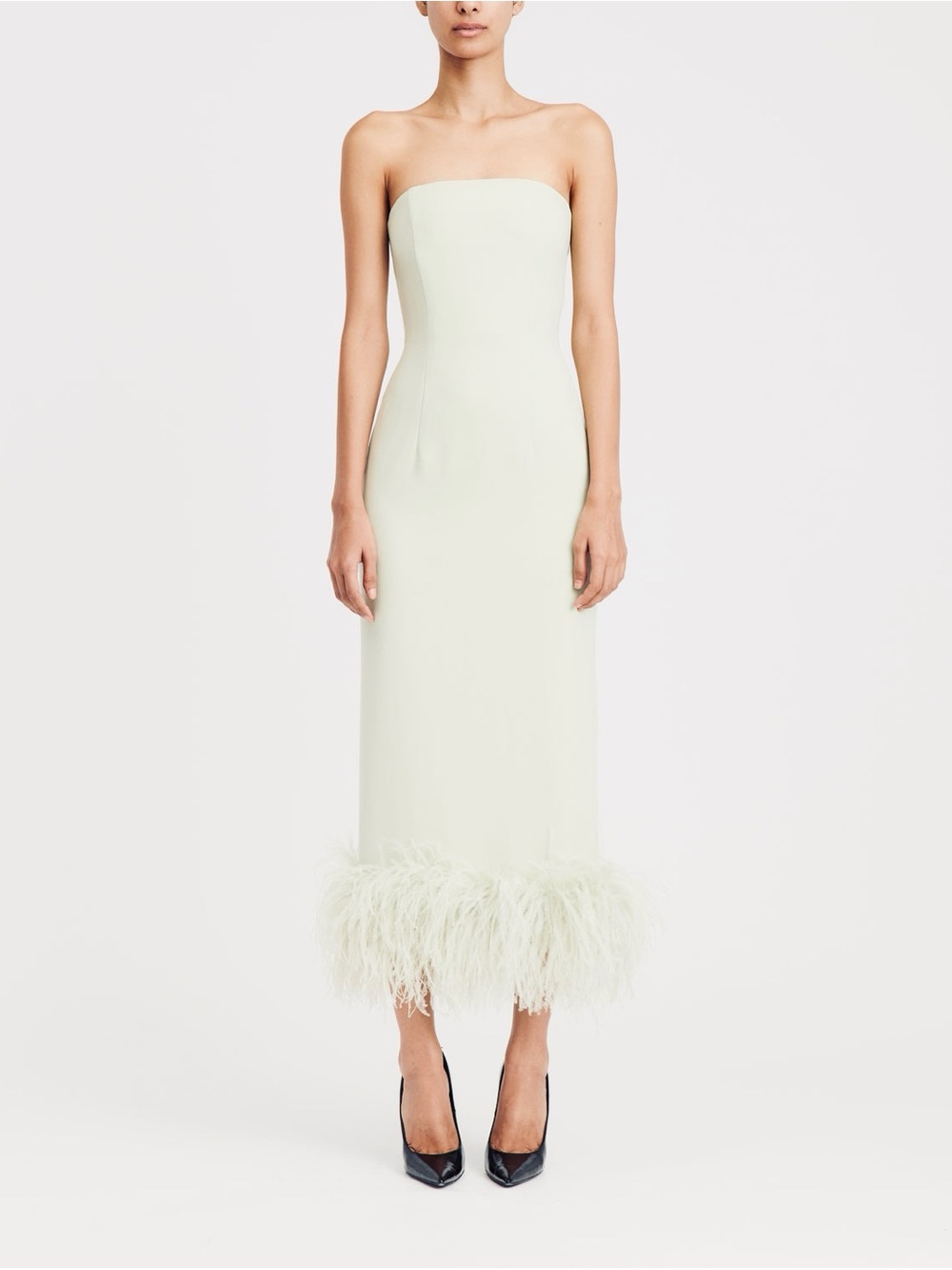 16Arlington New Minelli Strapless Feather Trim Midi Dress In Sage Sz UK 12 US 8